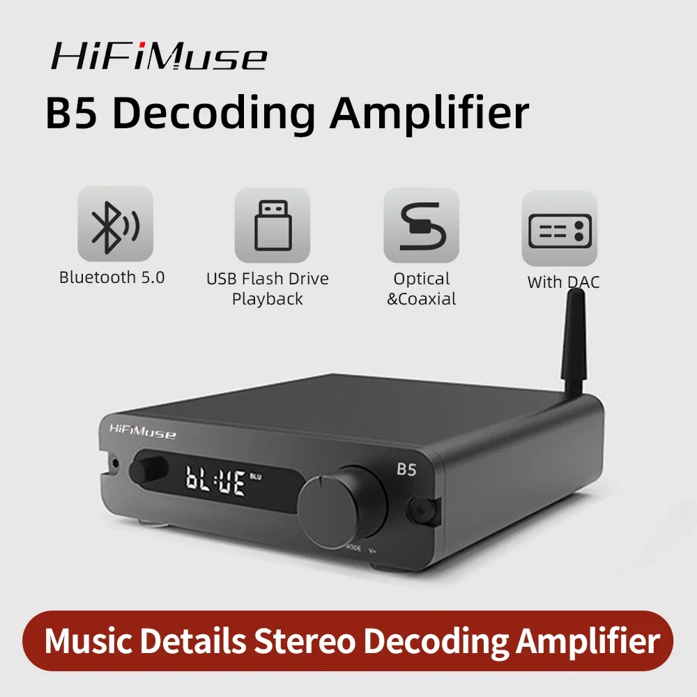 

HiFiMuse B5 Bluetooth Amplifier | 100W Class D Stereo Hi-Fi Power Amplifier with High Performance ESS DAC for Home Audio Speaker