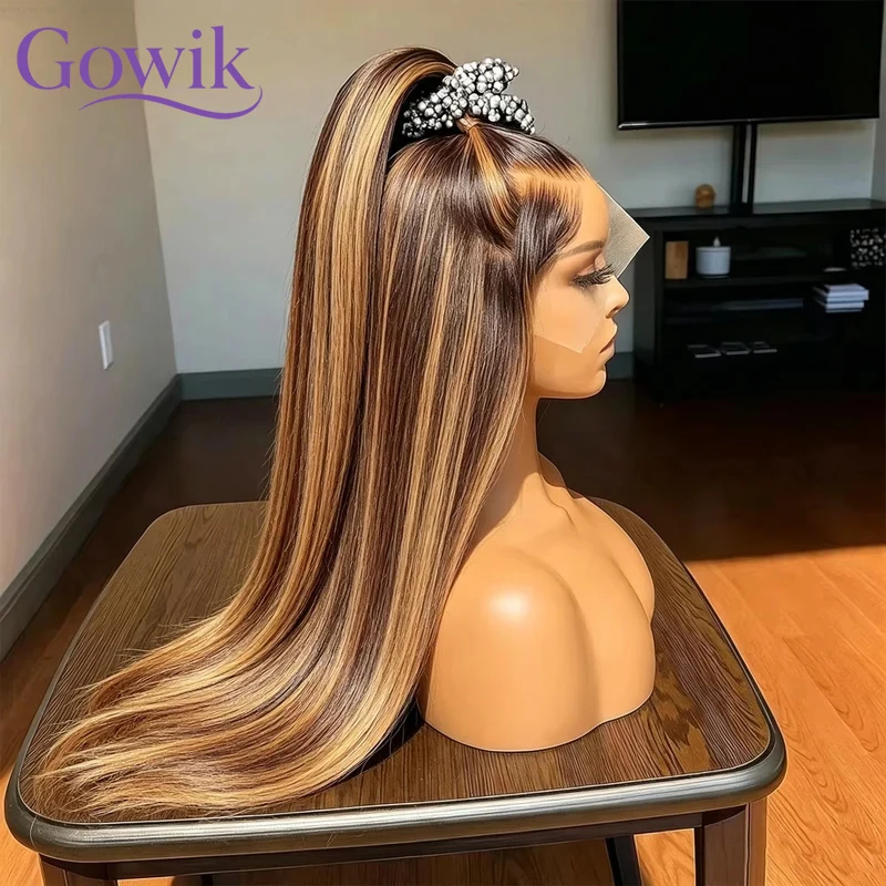 Perruque brésilienne lisse avec mèches brunes P4/27, perruque frontale HD 13x4 en dentelle, blond miel, avec baby hair, pour femmes noires