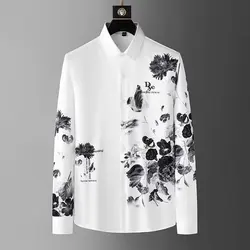 2024 Luxury Flower Diamond Shirt for Men Traceless Long Sleeved Casual Business Dress Shirt Slim Fit Social Party Tuxedo Blouse