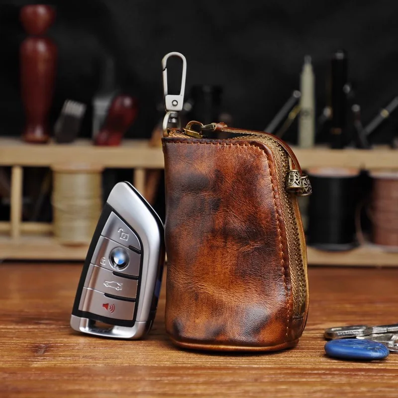 Vintage Genuine Leather Key Bag Coin Purse Zipper Clutch Wallets Fashion Women Men Housekeeper Card Key Holder Organizer Pouch