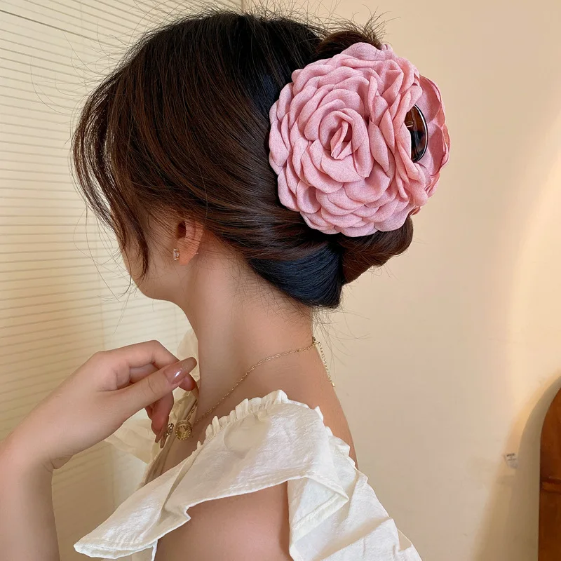 Large Rose Flower Pleated Fabric Acrylic Hair Claw Clips for Women Temperament Shark Clip Gentle French Romantic Accessories New image 3