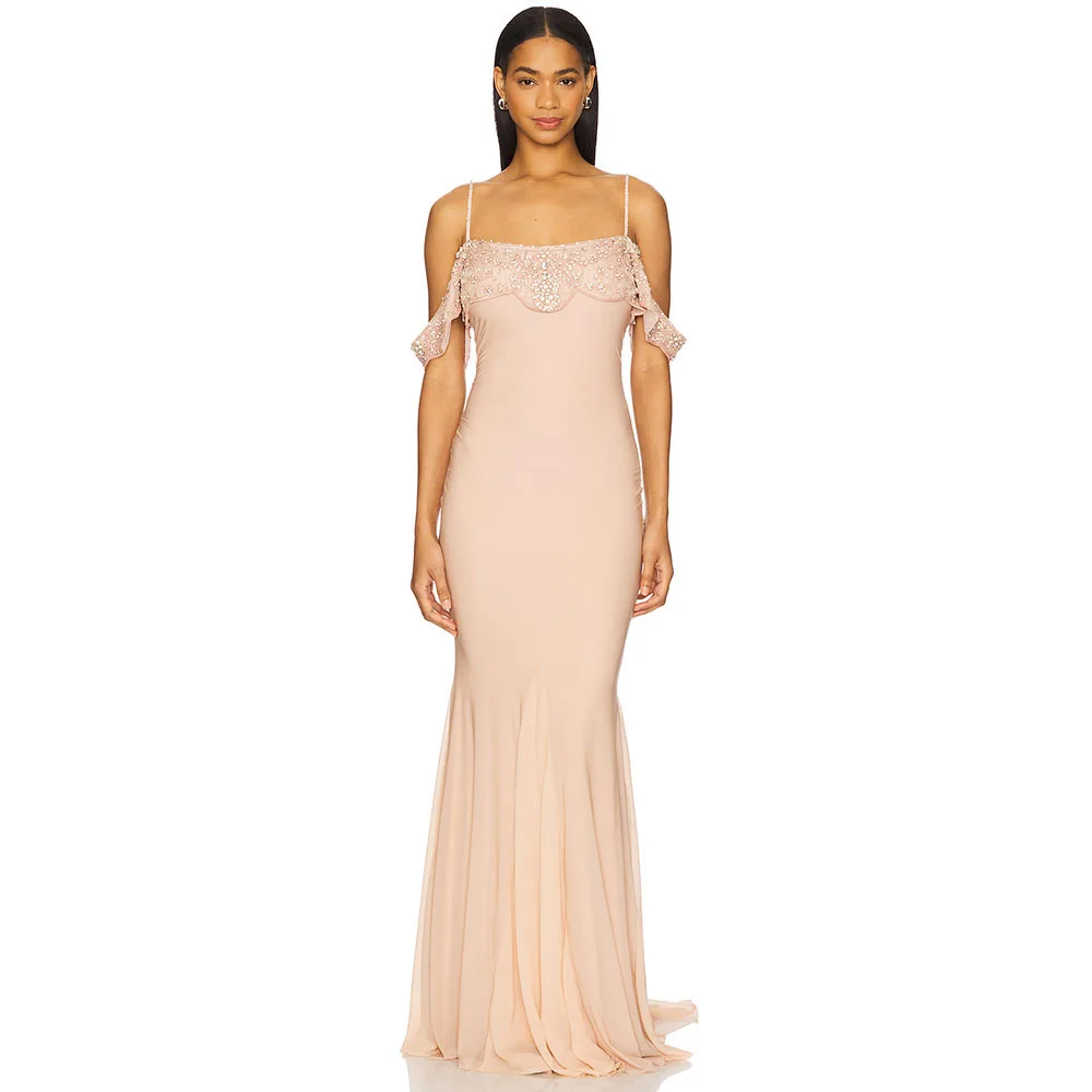 결혼식을위한 아름다움 이브닝 드레스 인어 오프 어깨 구슬 여성 이브닝 가운 민소매 바닥 길이 공식 드레스