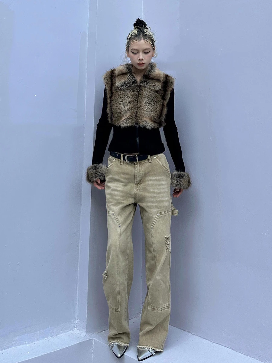 Roriri preto malha fuzzy camisola cardigan outono inverno zip up ponto punhos de pele do falso manga longa topo gyaru y2k roupas femininas