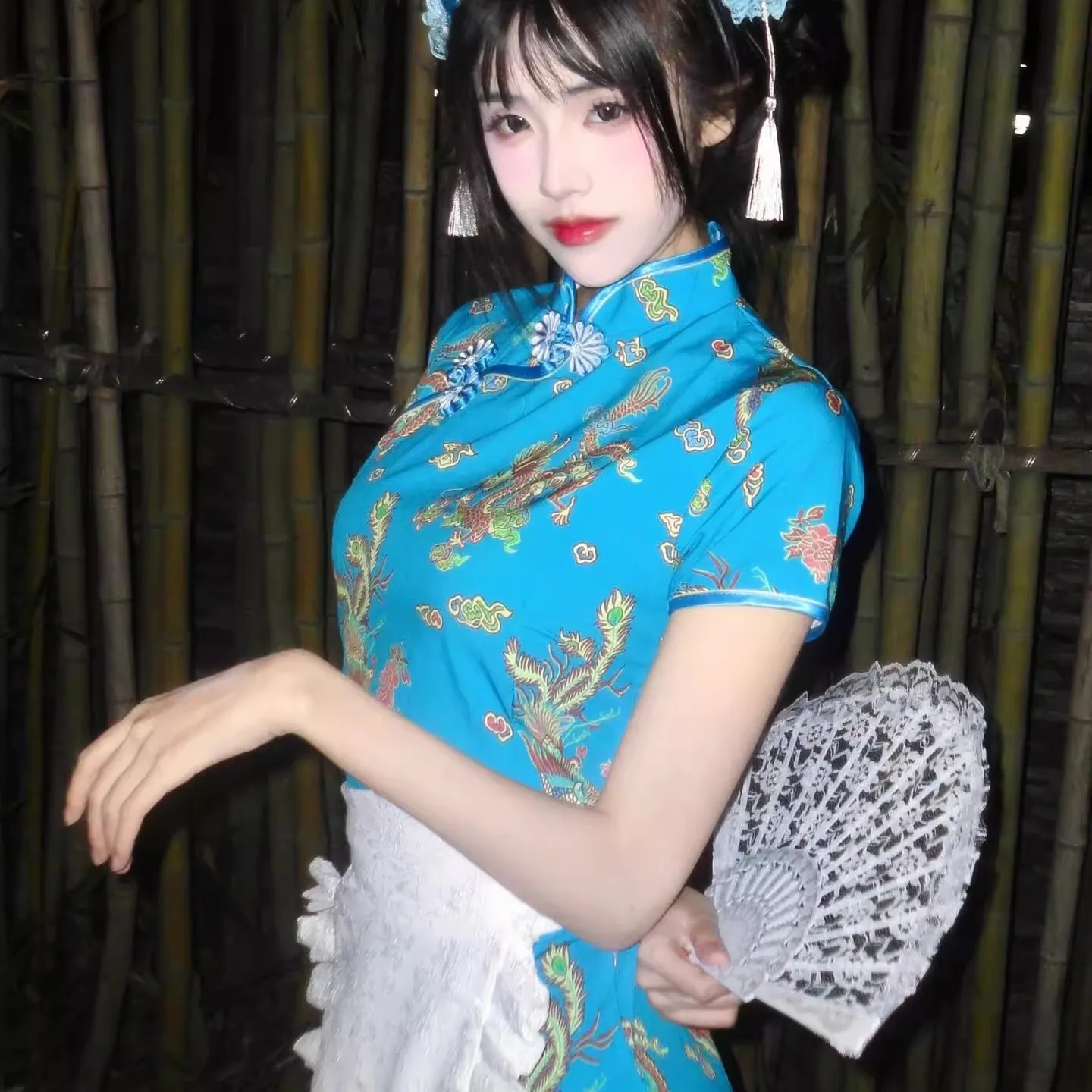 فستان تشيونغسام جديد بالطراز الصيني، زي تنكري للهالوين وعيد الميلاد، زي خادمات بأكمام قصيرة، تشيونغسام قصير للارتداء اليومي