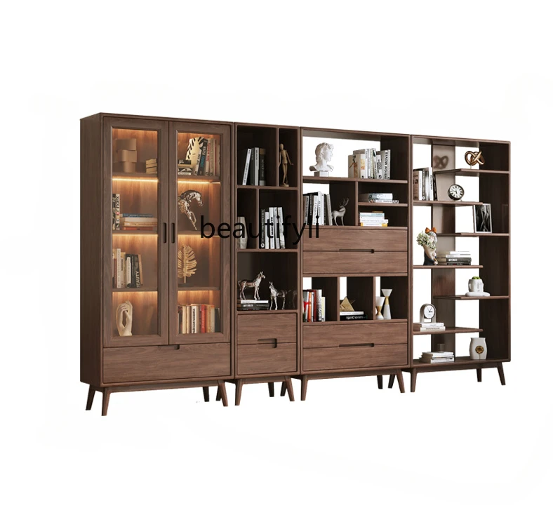 

Black Walnut Combined Bookcase Solid Wood Modern Minimalist Display Bookcase Study Glass Door Storage furniture