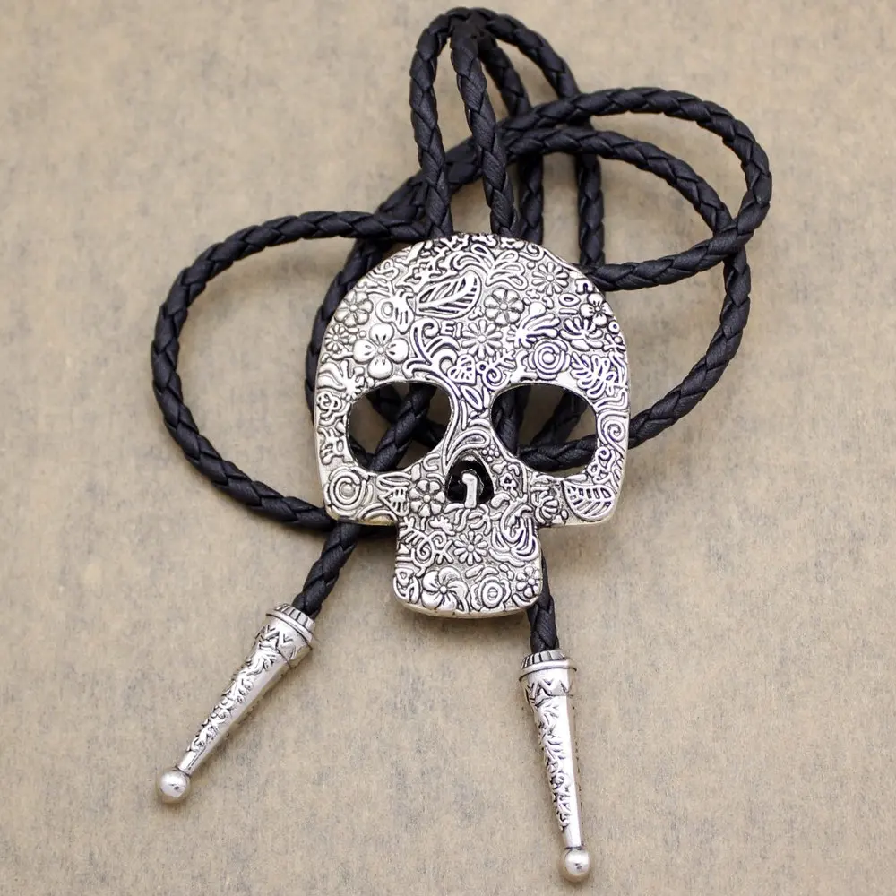 RechicGu Western Cowboy Vintage Skull Mask Pendant Leather Bolo Tie Novelty Funny Necktie for Women Men Jewelry Accessories Gift