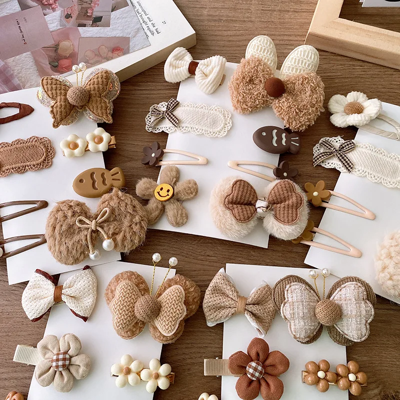 8pc Coffee Warm Color Basic Snap Baby Hair Drop Clips Wool Knit Hair Clamp Pins Cartoon Fish Hairpin Kid Girl Flower BB Barrette