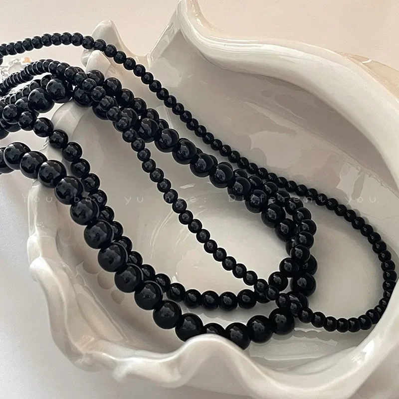 Vintage 4/6/8mm Beads Choker Necklace Black Pearls Necklace Pearl Choker Necklaces Jewelry Gift Women Unique Clavicle Chain