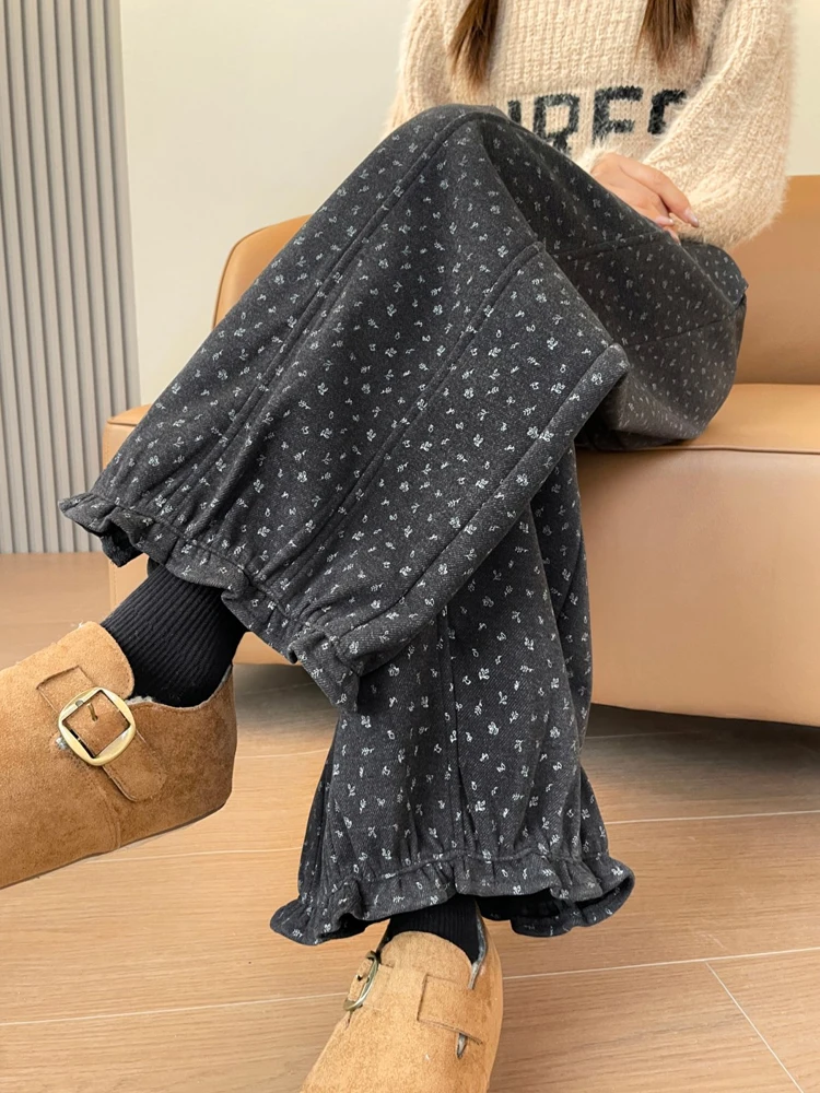 Thickened Fleece Wide Leg Casual Pants Women's Autumn Winter High Waist Draped Loose Fit Printed Nine Points Lantern Pants