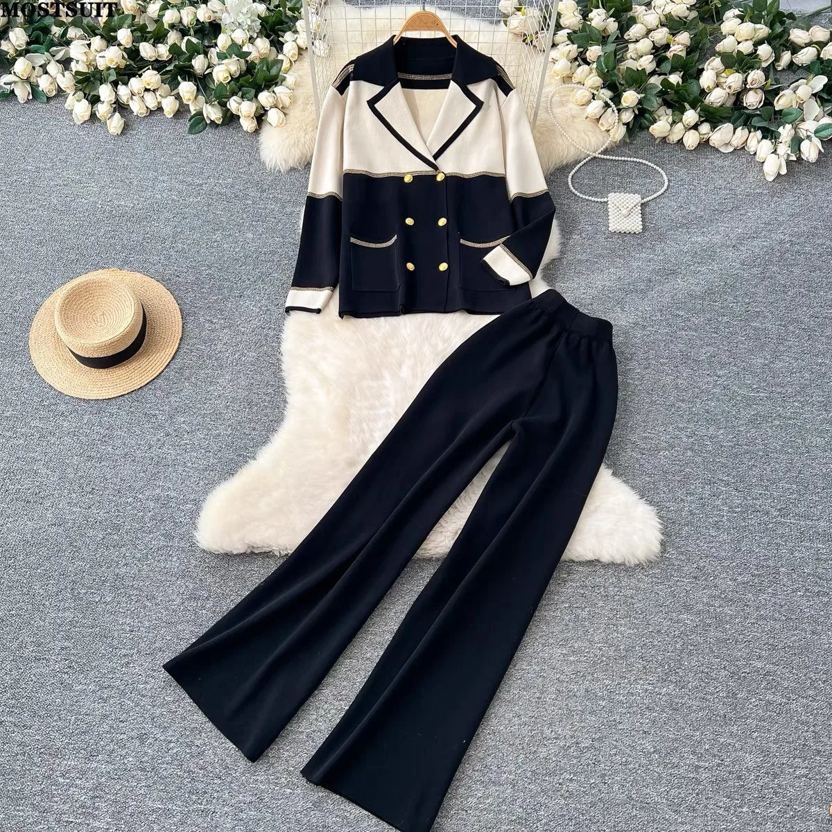 Women's Knit 2 Piece Pant Sets 2025 Spring Color-blocked Cardigan + High Waist Wide Leg Pants Suits Outfits Elegant Workwear Set