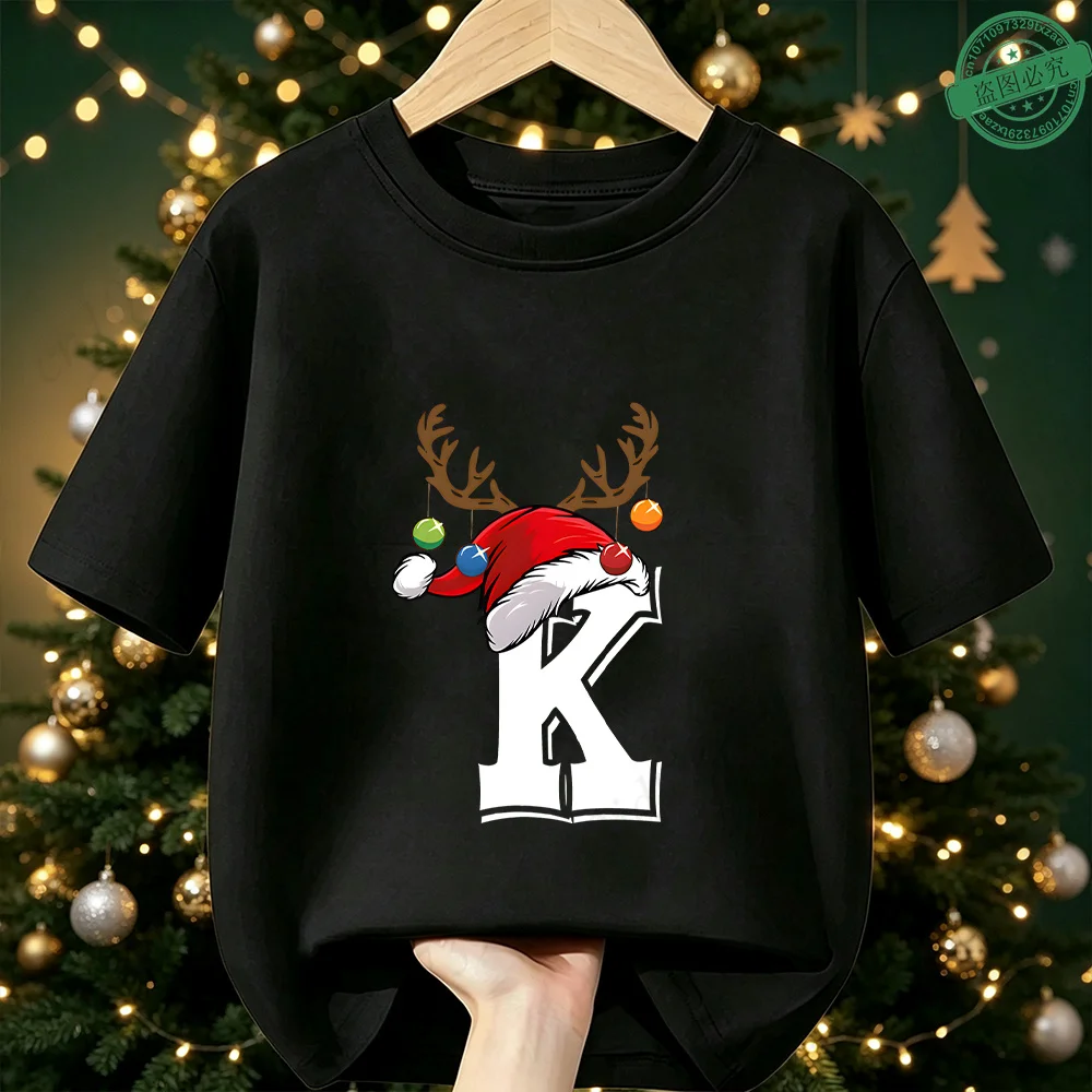 Reindeer Horn Xmas Baubles 26 A‑Z Alphabet Graphic Children Christmas T‑Shirt Cotton Short Sleeve Boys Girls Winter Party Tees