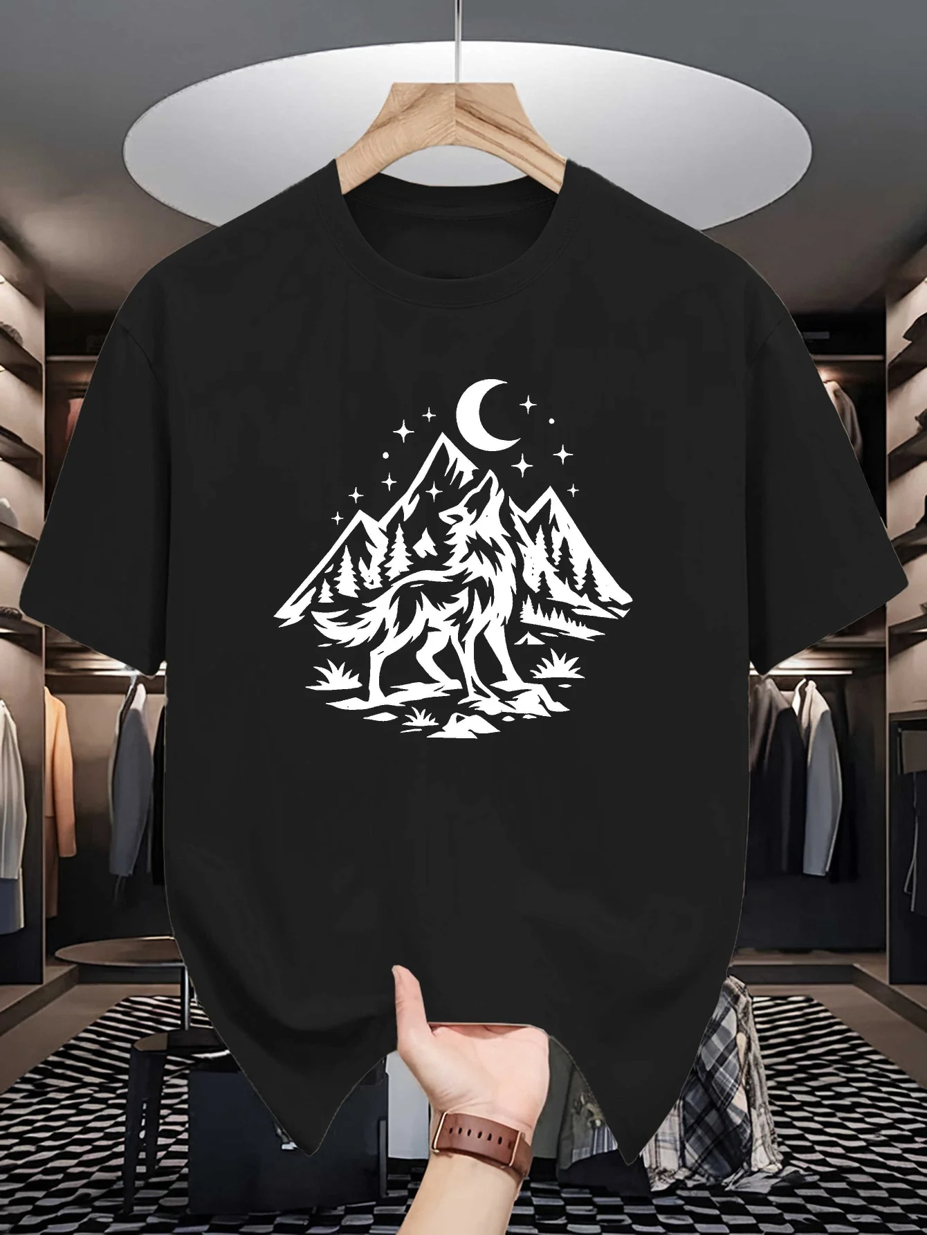 2026 Men Short Sleeve T Shirt Howling Wolf Mountain Moon Graphic Tees Loose Fit Casual Mens Top For Wilderness Street Wear