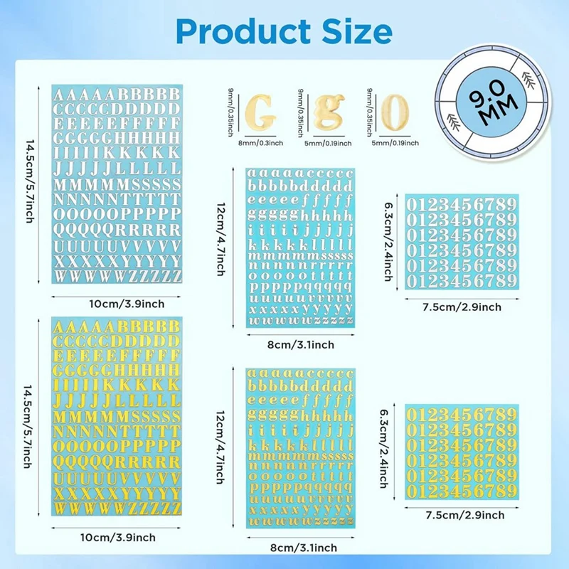 Juego de pegatinas de números del alfabeto, juego de pegatinas autoadhesivas de aleación con purpurina, Mini letras, resina epoxi, 9Mm, 6 hojas