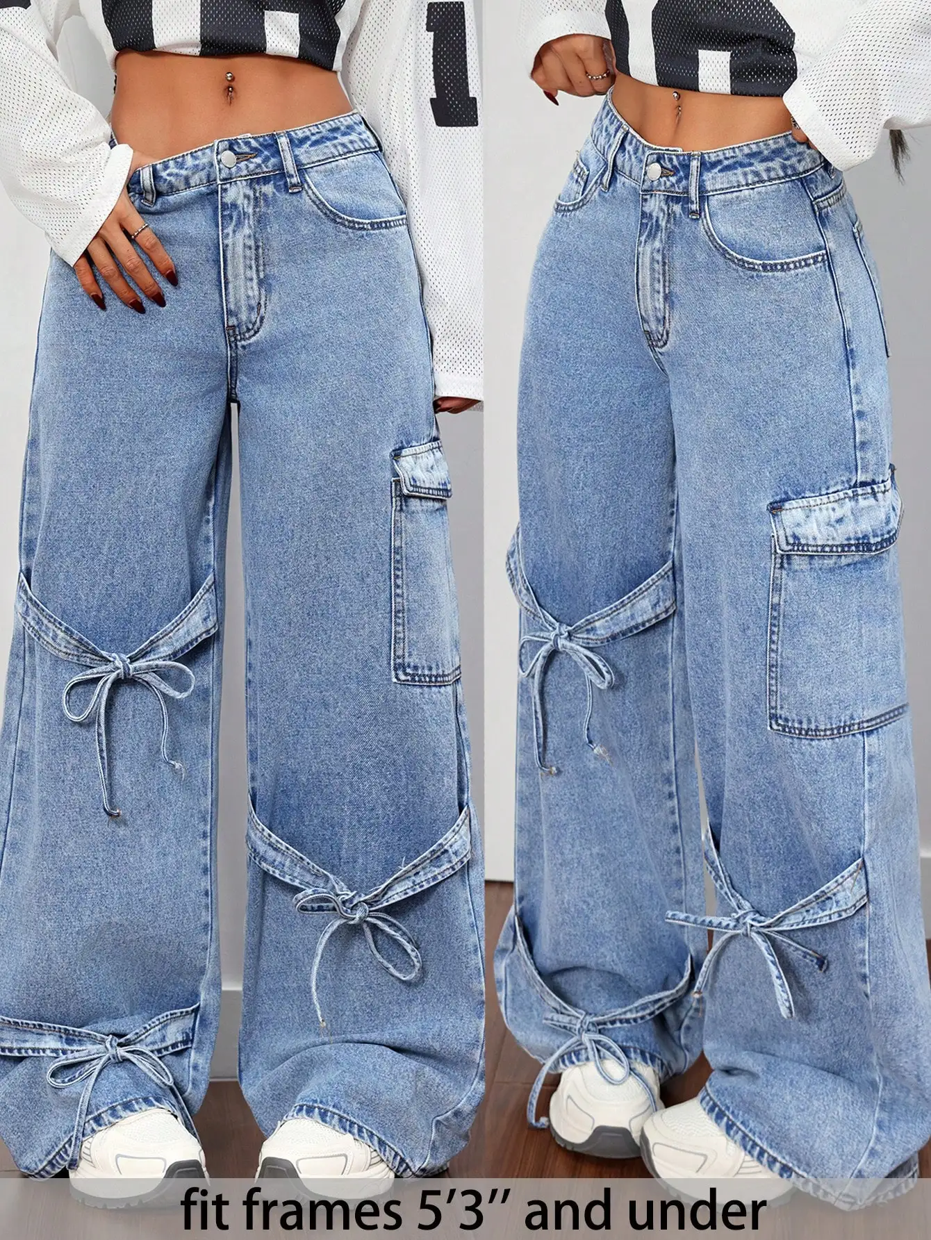 

Широкие джинсы-карго для женщин с завязками по бокам, низкая посадка, джинсовые брюки для повседневного уличного стиля