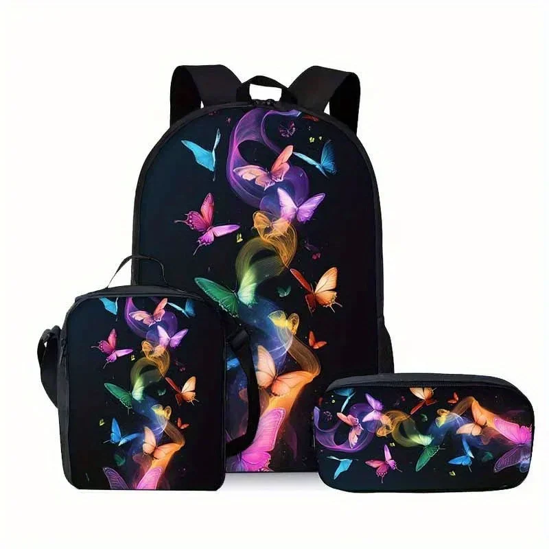 Custom 3pcs Butterfly Print Bag Set For Boys & Girls Lightweight, HighQuality Backpack With Adjustable Straps, Shoulder Bag