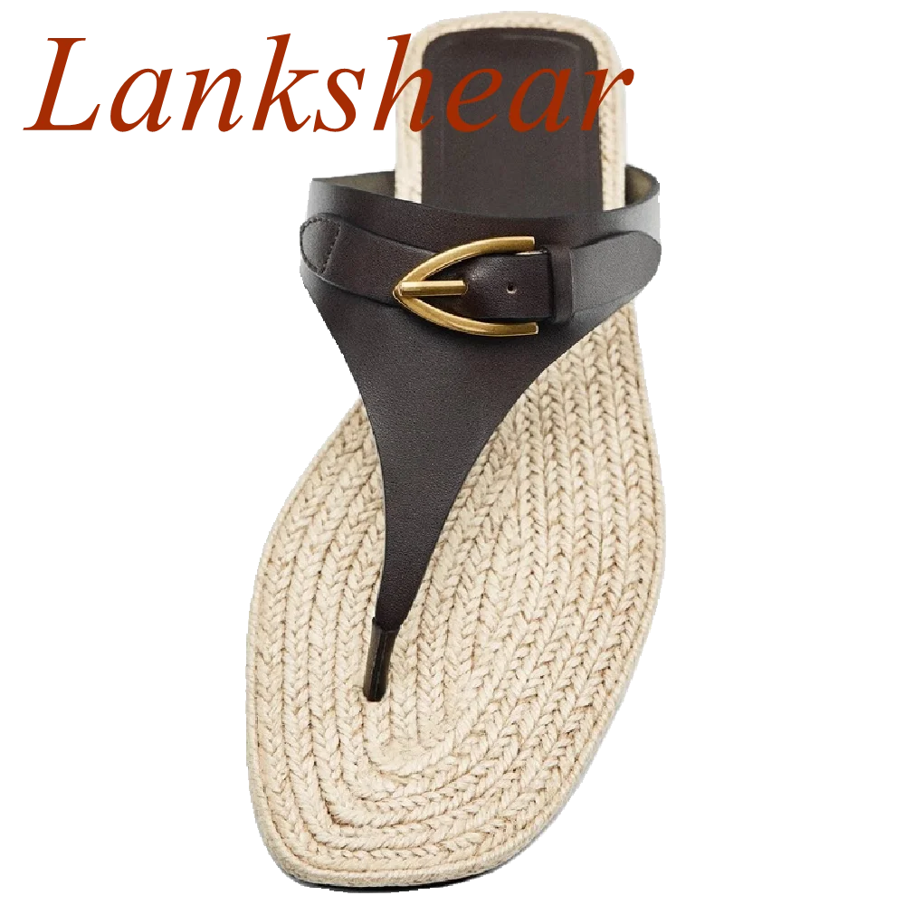 Round Toe Flip Flops Women Slippers Belt Buckle Summer Woven Sole Fashion Beach Outside Metal Decoration Sexy Casual Women Shoes