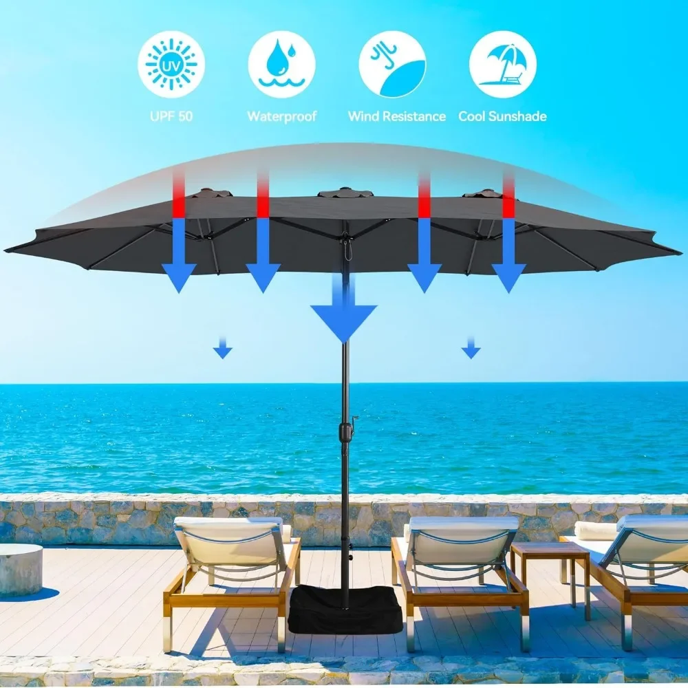 Parasol de terrasse avec base, 12 os, 12 pieds, rectangulaire, aluminium, manivelle, grand, double face, extérieur, jardin