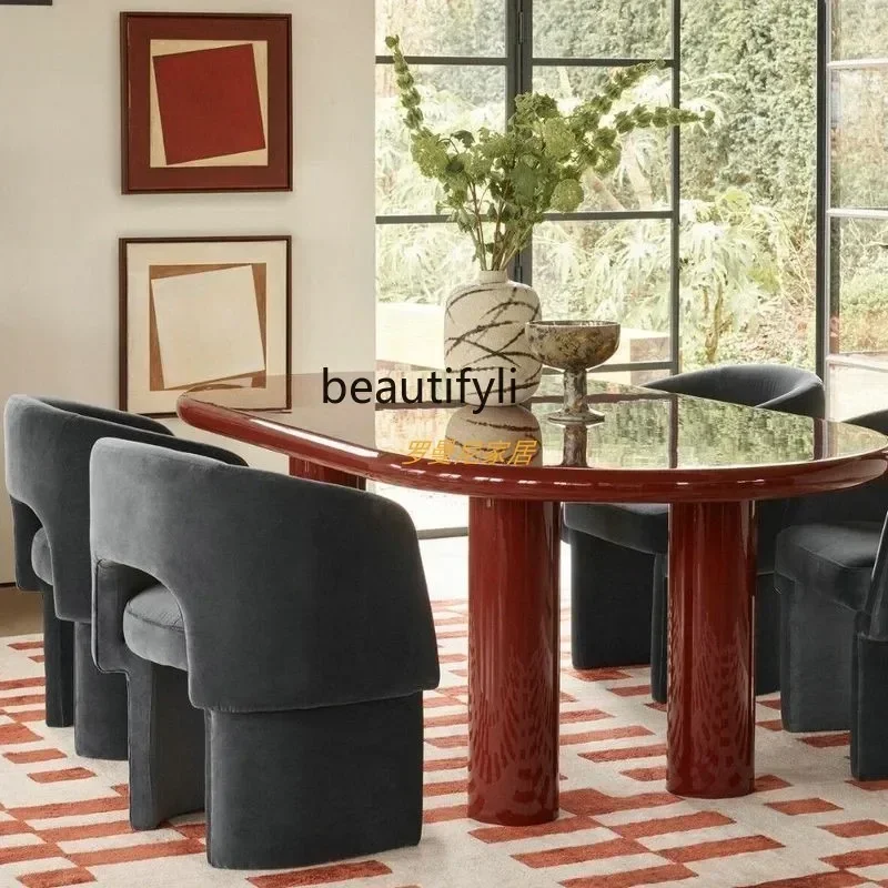 178cqySolid wood dining table wabi-sabi wind oval glossy red desk simple small apartment negotiation table