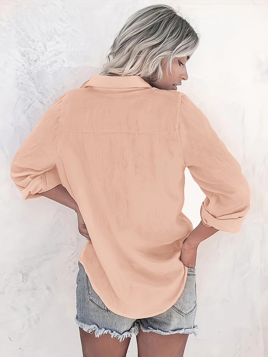 Damen Freizeit-Langarm-Bluse mit Knöpfen, einfarbig, Reverskragen, elegante Büro-Oberteile für Frühling und Herbst – Detail 2