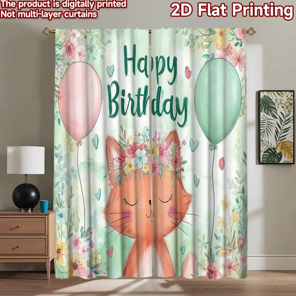 2D flat printing 2pcs Window Curtains Cute Cat Birthday Balloons Digital Printed Polyester Drapes Festive Holiday Perfect for