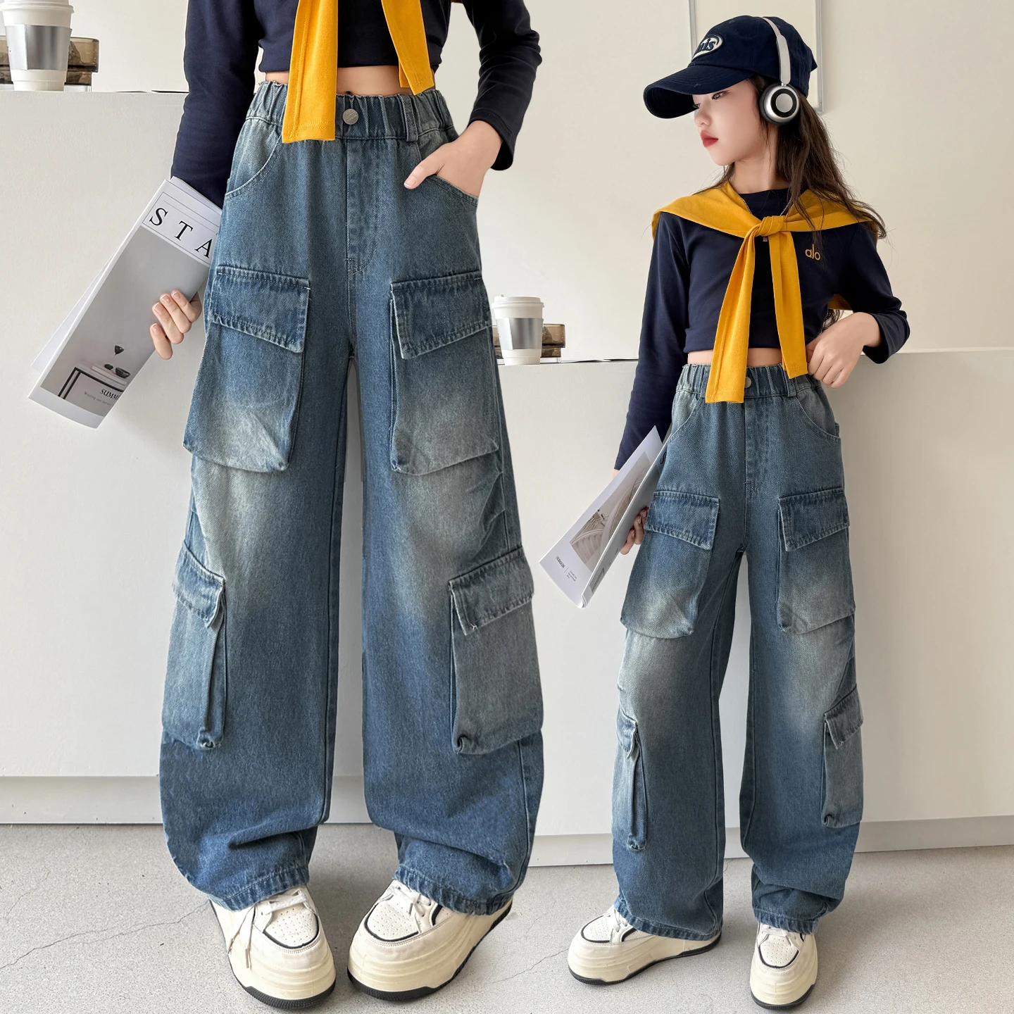 

Girls 2025 New High Quality Beautiful Autumn and Winter Simple Workwear Jeans;.4-15year