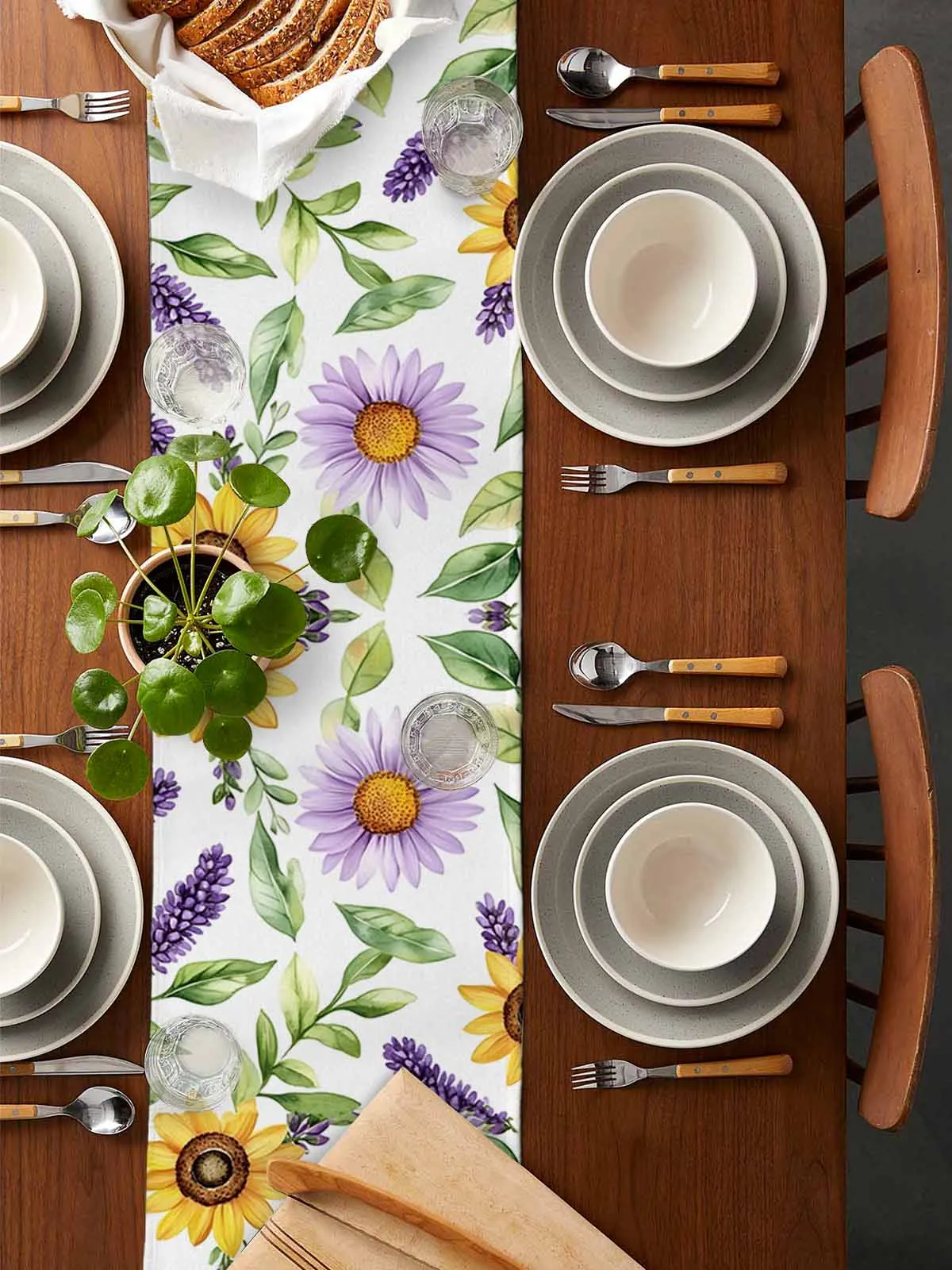 Sunflowers Flowers Spring Lavender Runner Wedding Decor Table Cover Holiday Party Coffee Table Decoration Tablecloth