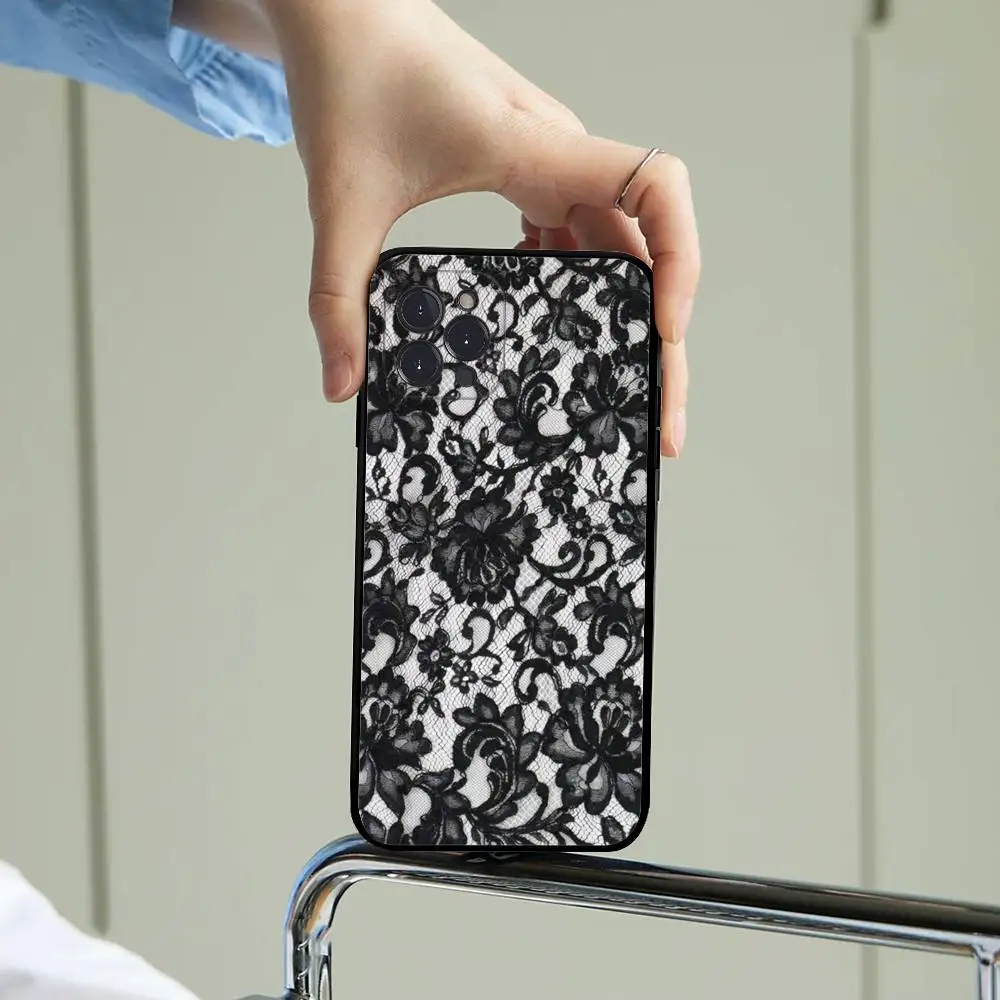 Estilo de renda legal menina caso de telefone para iphone 17 16 15 14 13 12 11 pro max plus preto escudo capa caso