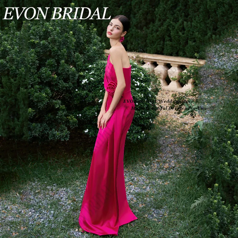 EVON BRIDAL Fuchsia Satin Evening Gowns Saudi Arabia Woman Flowers One Shoulder Mermaid Formal Occasion Dresses Sleeveless