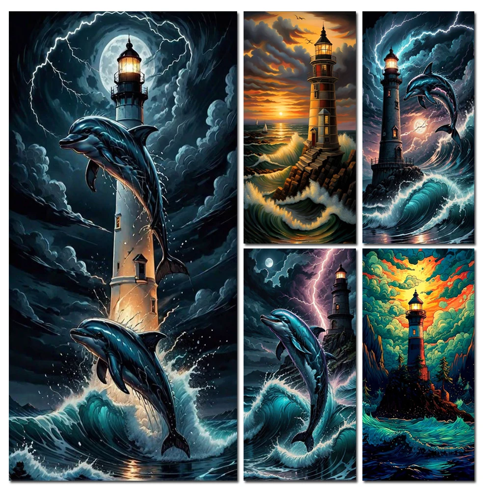 Lighthouse Wave Landscape 5D DIY Diamond Painting Dolphin Full Square Round Mosaic Diamond Embroidery Cross Stitch Kits Decor