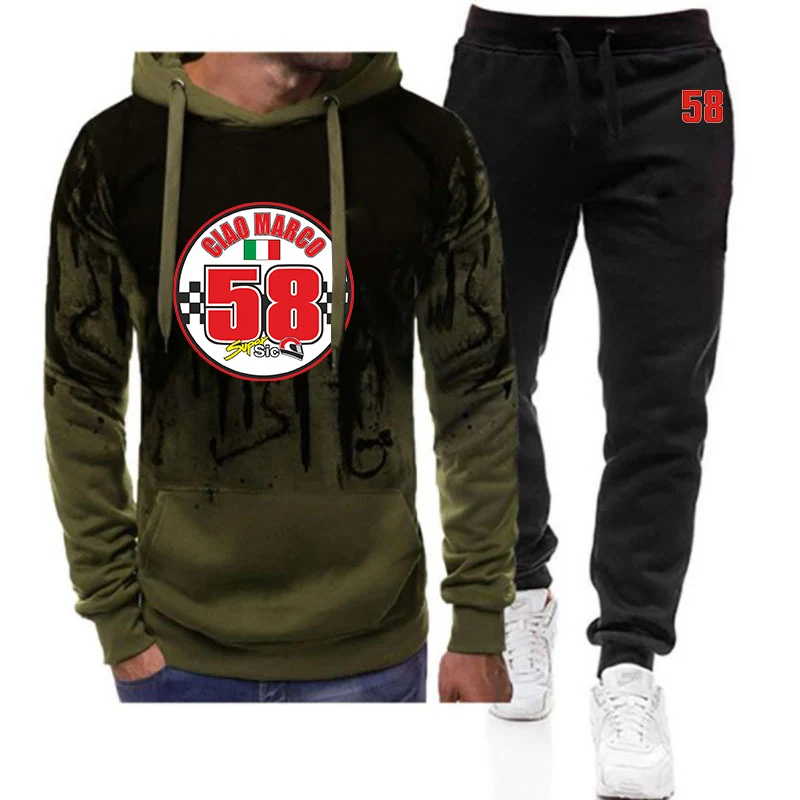 

2025 Spring And Autumn Man's Marco Simoncelli Super Sic 58 Logo Print Gradient Color Daily Hoodies+Leisure Long Pants Suits
