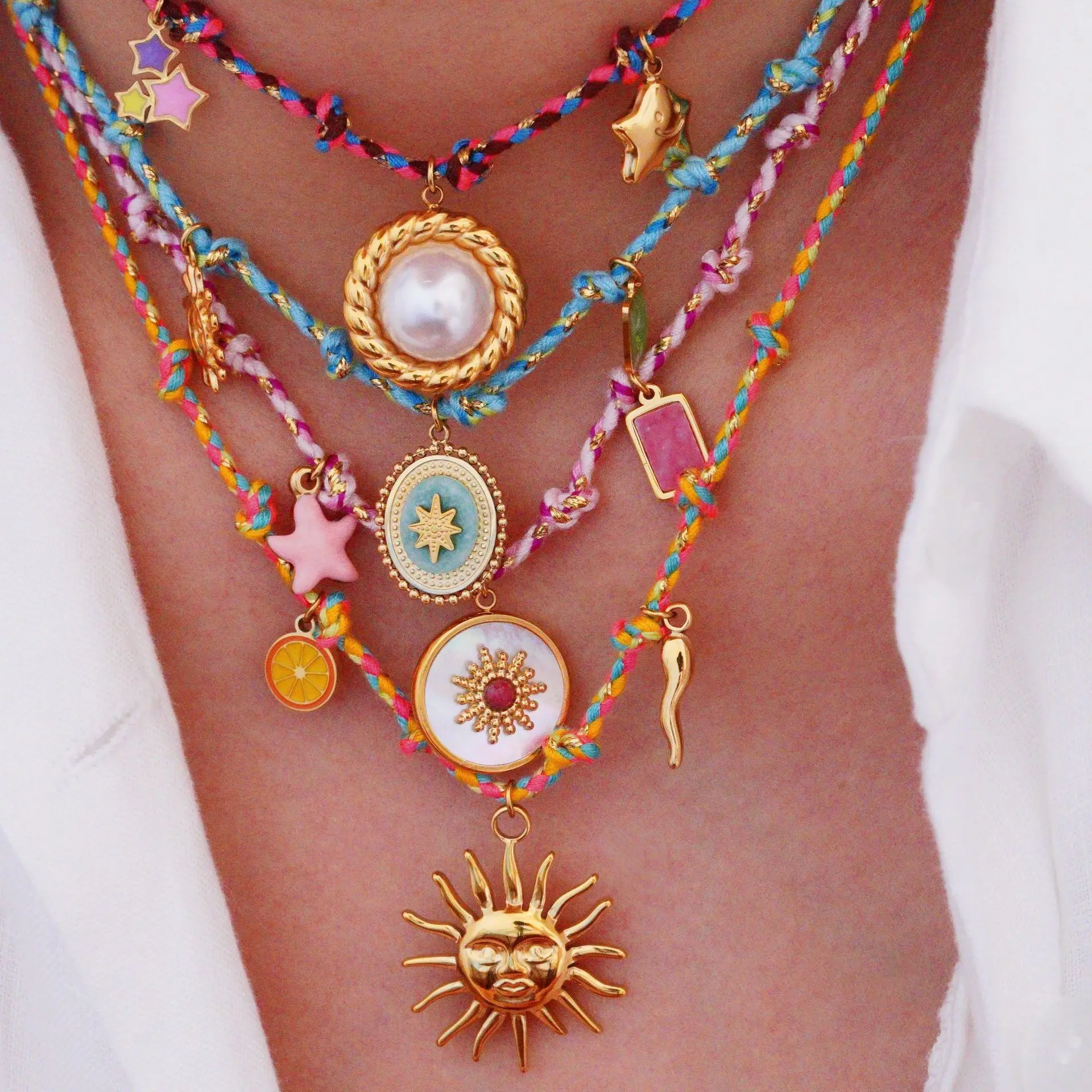 

2026 New handmade colorful braided cord necklace ins light luxury multi-pendant high-end natural stone gift