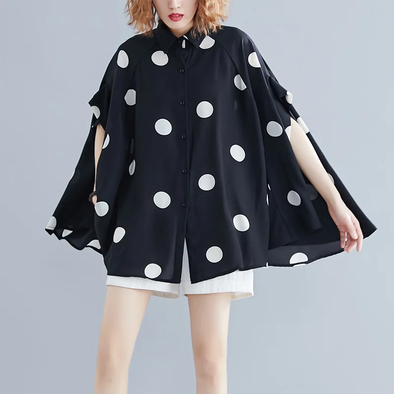 Fashionable and artistic oversized women\'s chiffon shirt polka dot short sleeved shirt bat shirt plus size women clothing