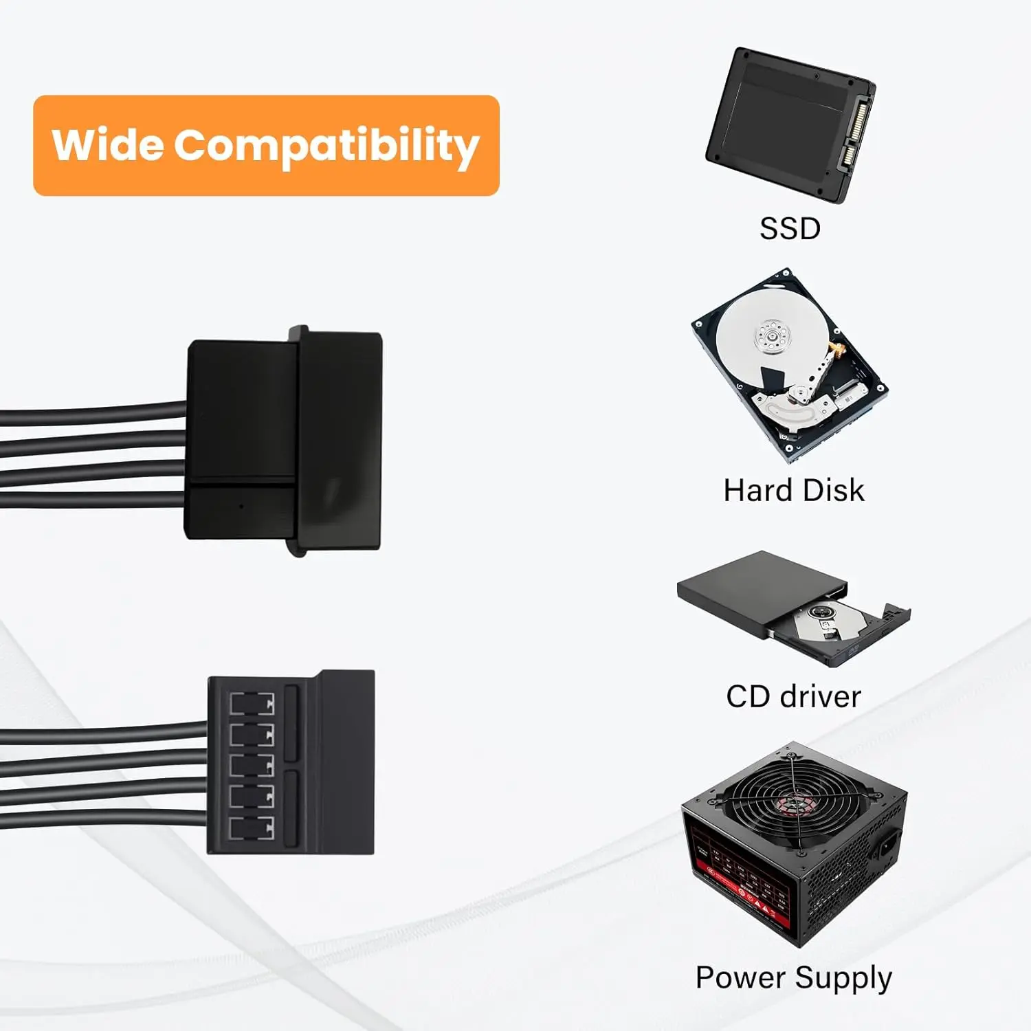 IDE to SATA Power Splitter Cable, LP4 4Pin IDE to 5 X15 Pin SATA Power Conversion Line Extension Y-Cable for Hard Disk
