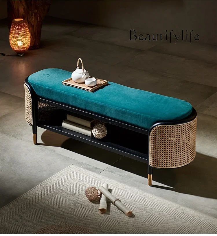 Nordic Homestay Bed End Stool Bedroom Rectangular Home Trial Shoe Changing Stool Rattan Bed Side Solid Wood Sofa Stool