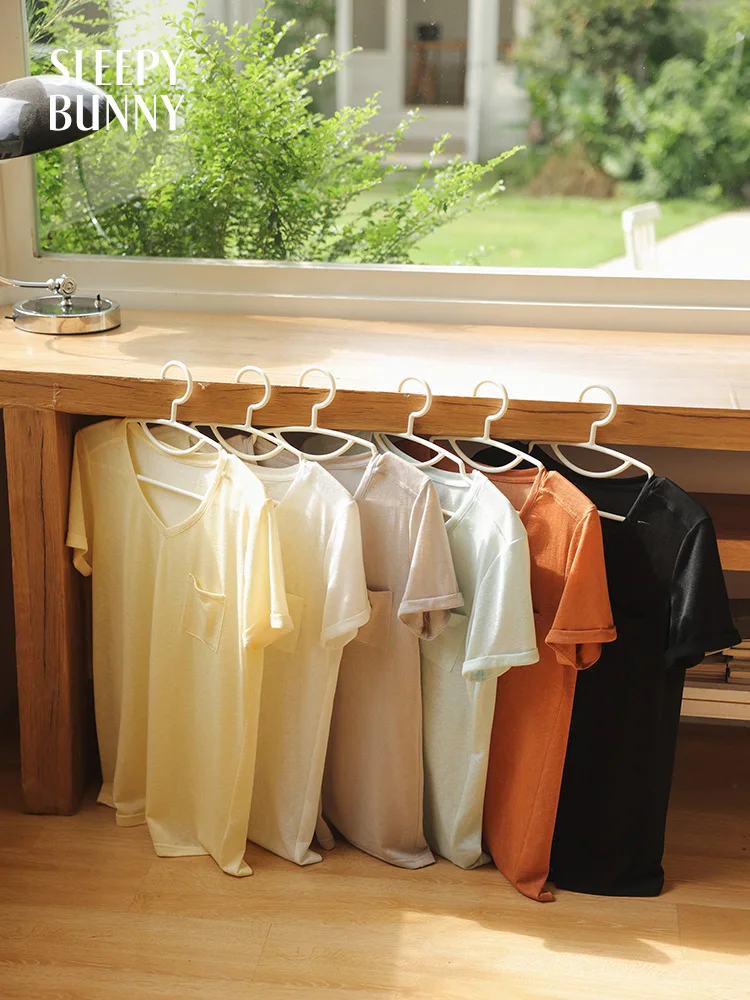 Loose Fit V Neck T Shirt Women Summer Casual Short Sleeve Top with Pocket Basic Lightweight Tee in 6 Colors for Daily or Travel