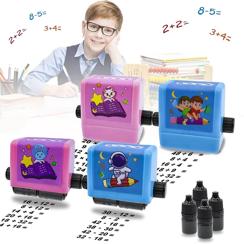 Paquete de 4 sellos de plástico para niños, suministros de enseñanza para práctica escolar en casa, herramientas de aprendizaje de matemáticas, 100