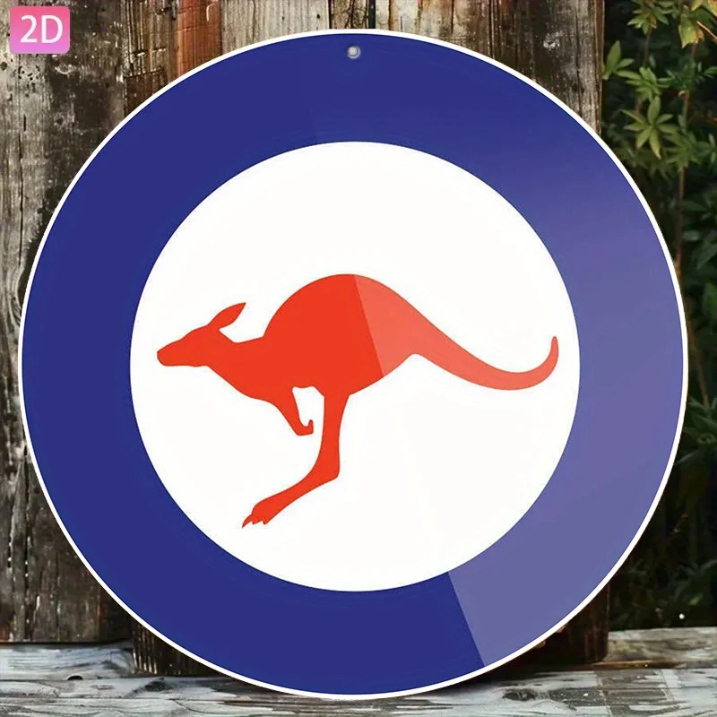 Vintage Red Kangaroo Blue Roundel Round Tin Sign, Australia Kangaroo Graphic Circular Metal Wall Sign, Indoor Outdoor Home Hangi