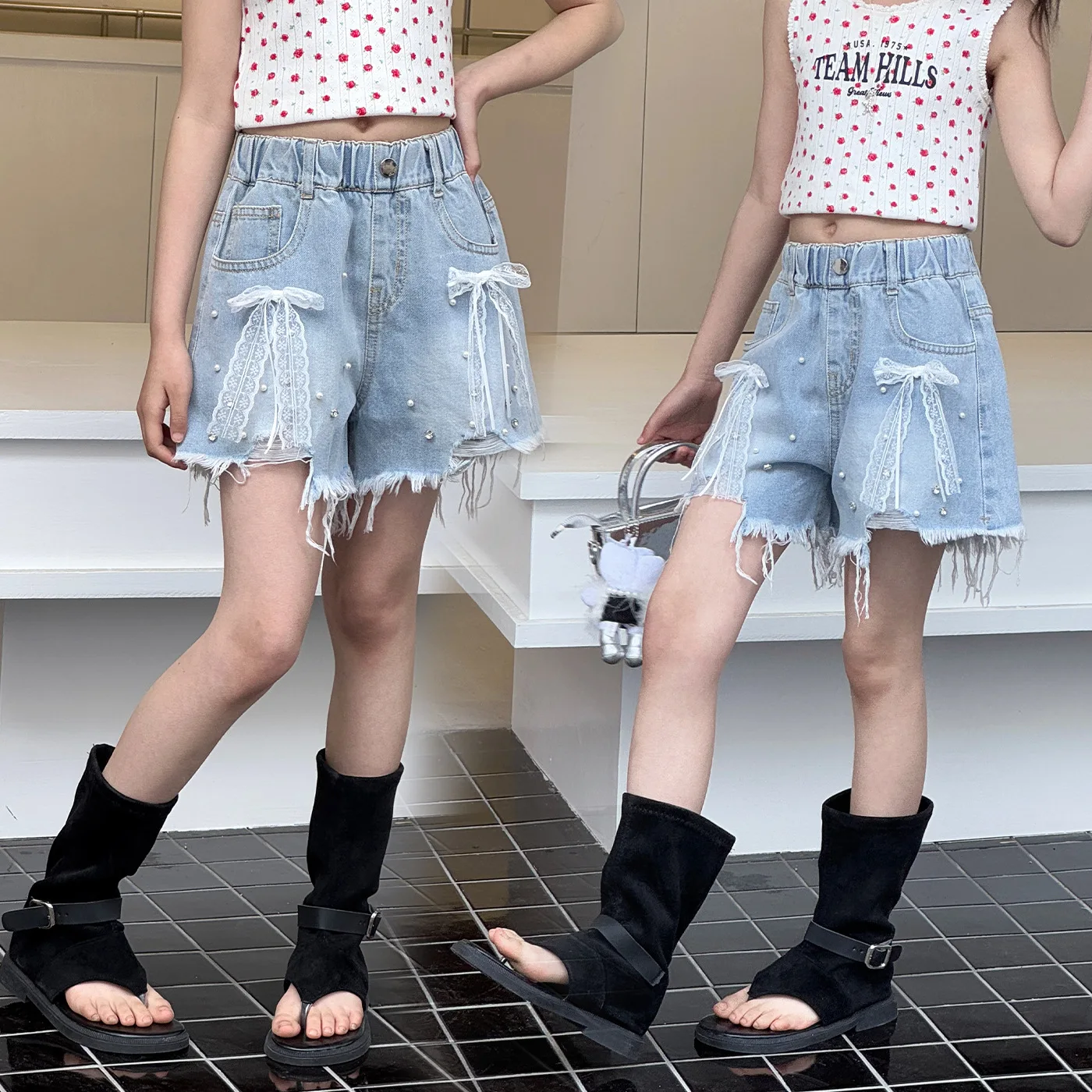 Summer Ripped Jean Shorts for Big Girls Teen Kids 2026 New Pearl Bow Decor Denim Shorts, Fashion Casual Trendy Hot Pants