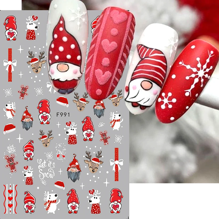 3 hojas de pegatinas navideñas festivas para decoración de uñas, copos de nieve rojos de Papá Noel, calcomanía adhesiva, Reno, muñeco de nieve, manicura, deslizador de vacaciones