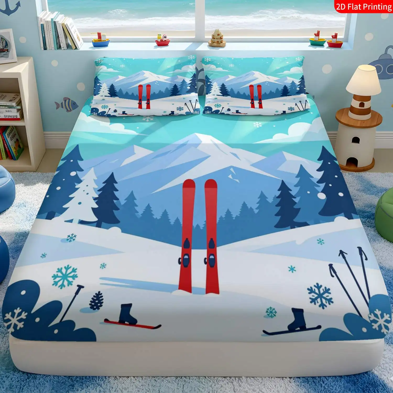3-Piece Mattress Protector Set, 2D Flat Print Bed Sheet, Modern Minimalist Winter Ski Resort Theme, Snow Mountain and Pine Trees, Machine Washable Bed Cover, 2D Flat Print Mattress Protector, Stain-Resistant, Cozy, Mattress Cover Suitable for All Seasons, Easy to Care For, Suitable for Home Bedrooms, Essential for Dormitories and Rentals, Master Bedroom and Guest Room Decoration, Dust-Proof and Dirt-Resistant, High Elasticity, Fits Various Sizes