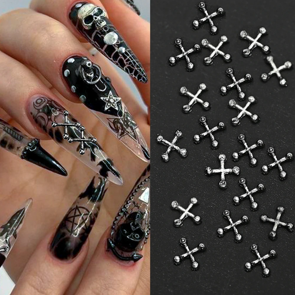 20/10Pcs Punk Cross Metal 3D Nail Charms Halloweed Ancient Gold/Silver Alloy Nail Art Decoration 4/6mm Cross Manicure Supplies