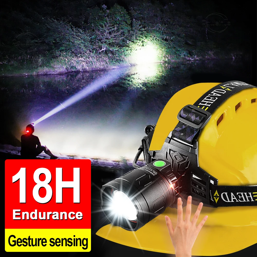 High Power H5 LED USB Rechargeable Headlights Induction Strong Light Use 3x18650 Battery For Camping Adventure Fishing Headlamp