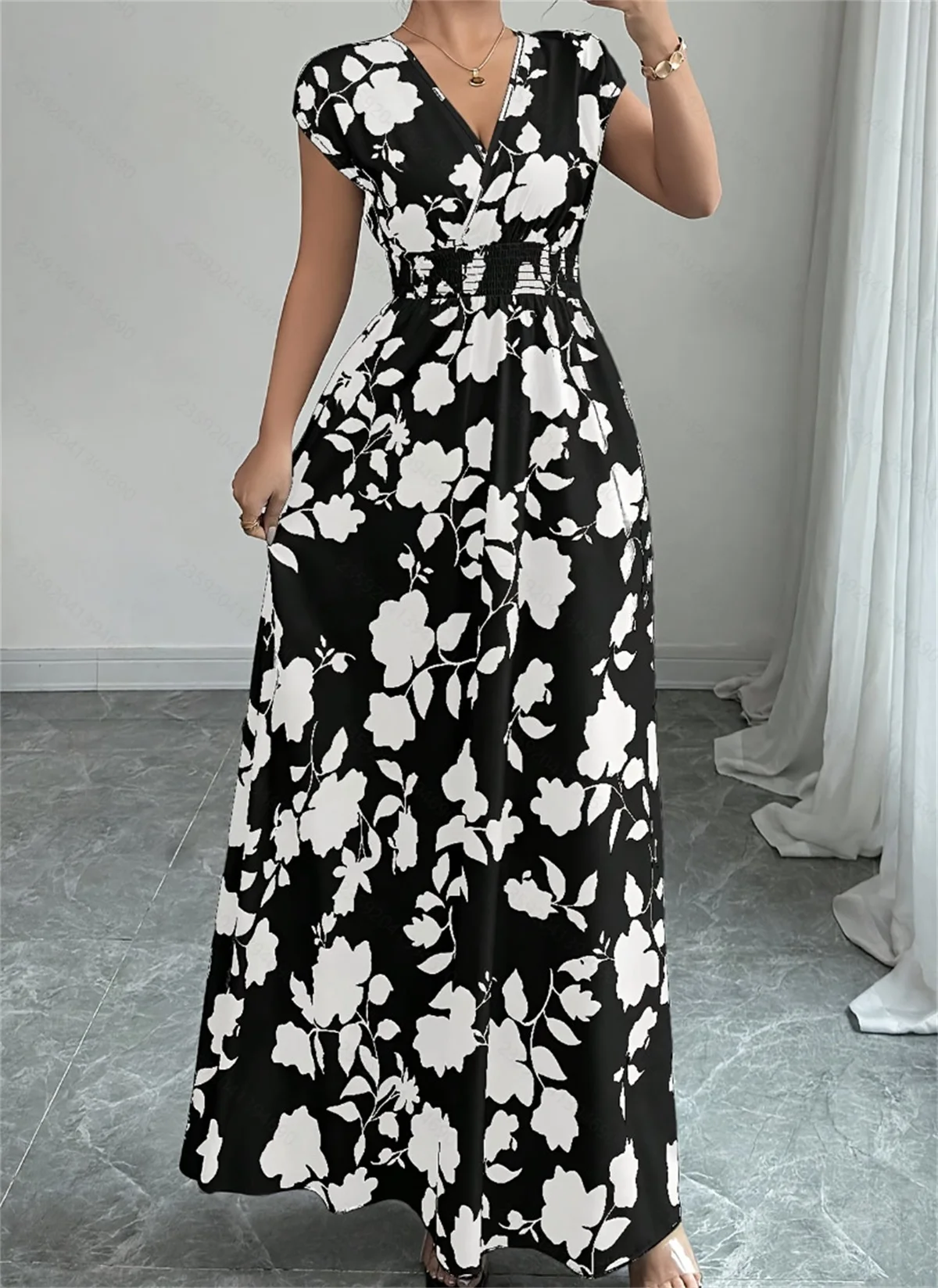 EINY Chic Woman Summer Dresses Sleeveless V-Neck Cinch Waist, Womens Elegant Floral Printing Party Commute A-Line Maxi Sundress