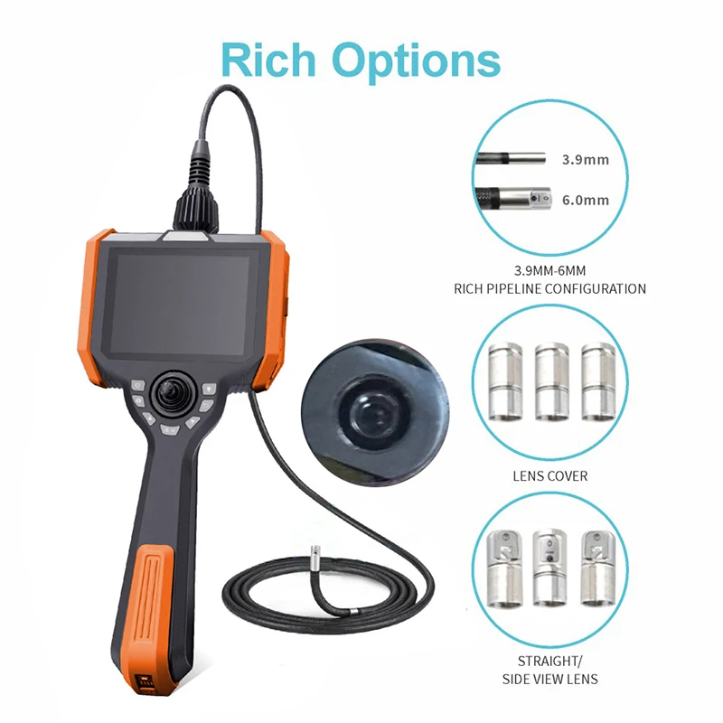 360 Degree Articulating Endoscope 3.9mm Lens 720P With 5 inch IPS Screen Movable Head Steering Endoscope with Rear light