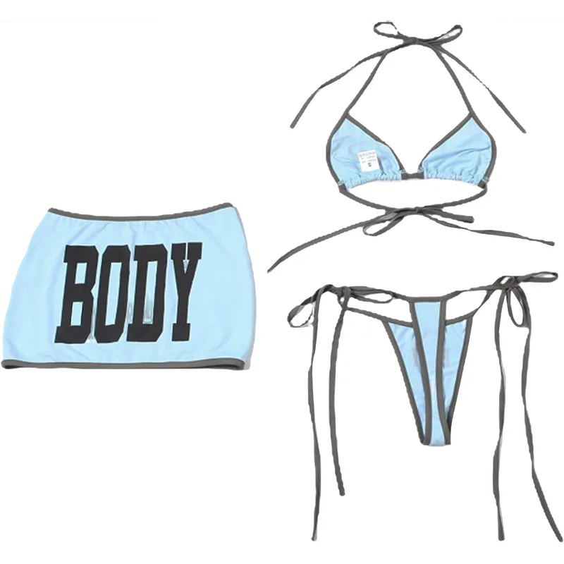 Bikini Sexy con estampado de letras para mujer, conjunto de 3 piezas, sujetador con cordones, Tanga, minifaldas Hipster, traje de baño para playa y vacaciones de verano