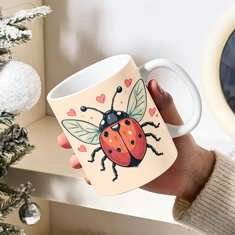 

11oz Cartoon Cute Ladybug Heart Ceramic Mug with Handle, Creative Coffee Mug, Insulated Milk Cup, Office Tea Cup, Fade-Resistant