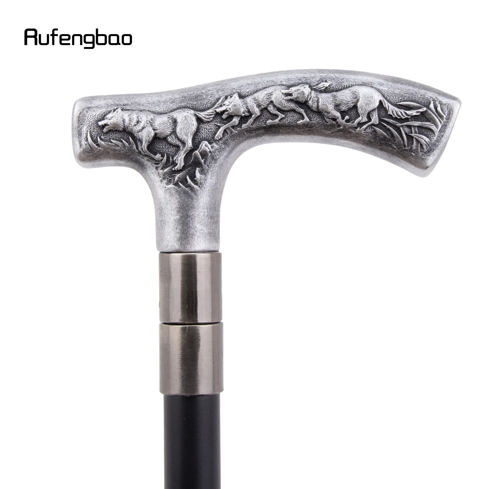 ไม้เท้าเรซิ่นสีเงินรูปหมาป่า ไม้เท้าเหล็กตกแต่งแฟชั่น สำหรับสุภาพบุรุษ สไตล์หรูหรา ใช้สำหรับคอสเพลย์ ด้ามจับแบบครอสเซอร์ ความยาว 94 ซม.