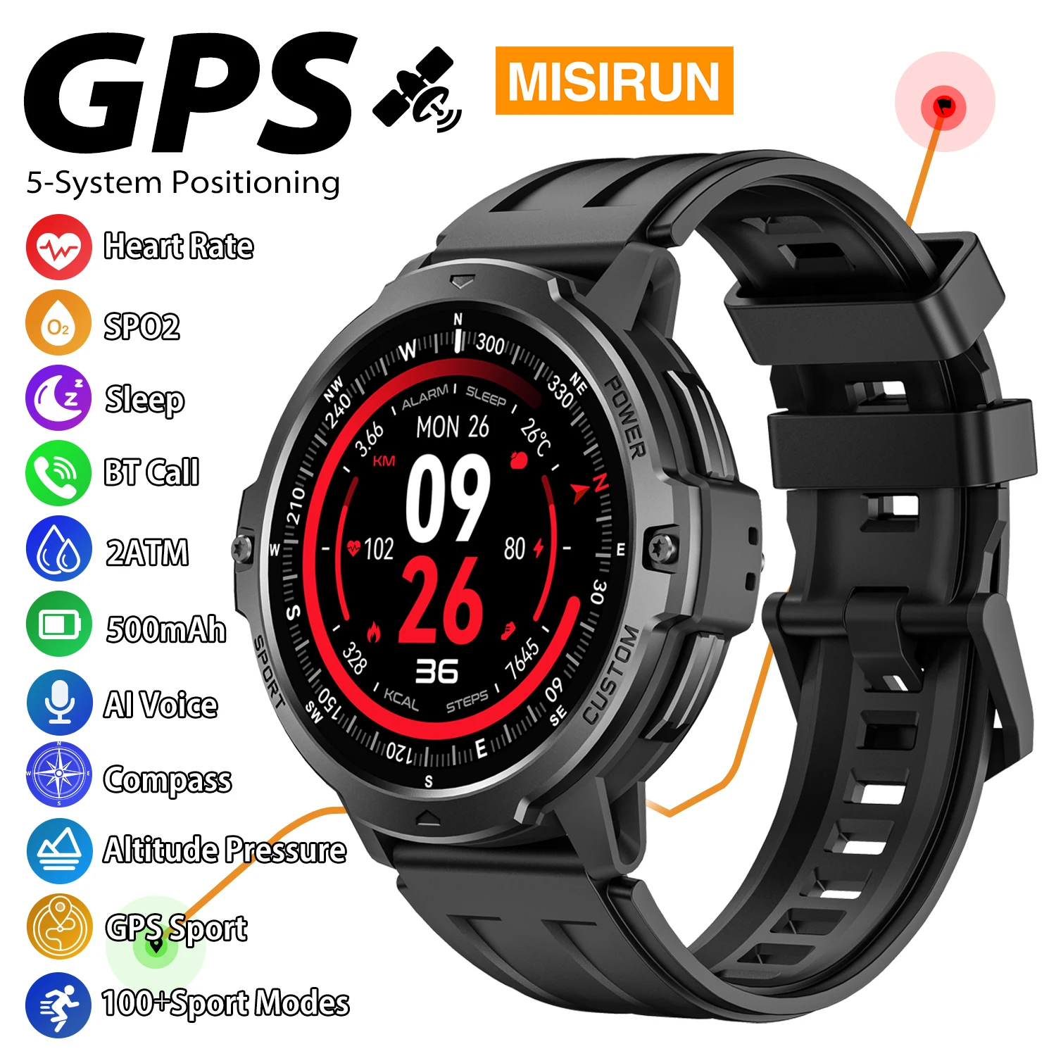 

GPS Smart Watch Men Compass Altimeter Barometric 500mAh Battery HD Call Heart rate 2AMT Waterproof Outdoor Sports Smartwatch