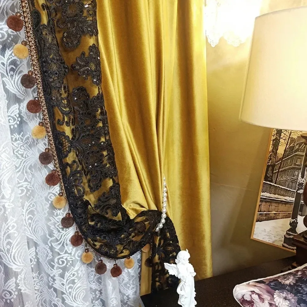 

American Retro Gold Velvet Black Lace Pompon Patched Curtains For Living Room Bedroom French Window Villa Customized