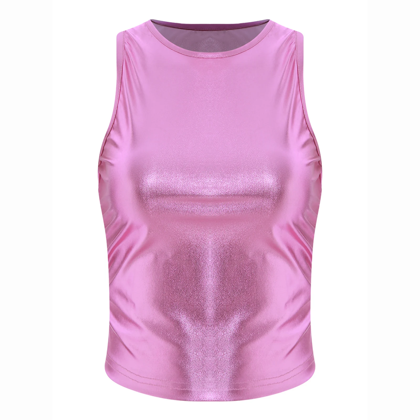 

Women Glossy Skinny Cropped Tank Tops Round Neck Sleeveless Ruched Shrink Vest Shiny Metallic Vest for Rave Party Bar Club Wear